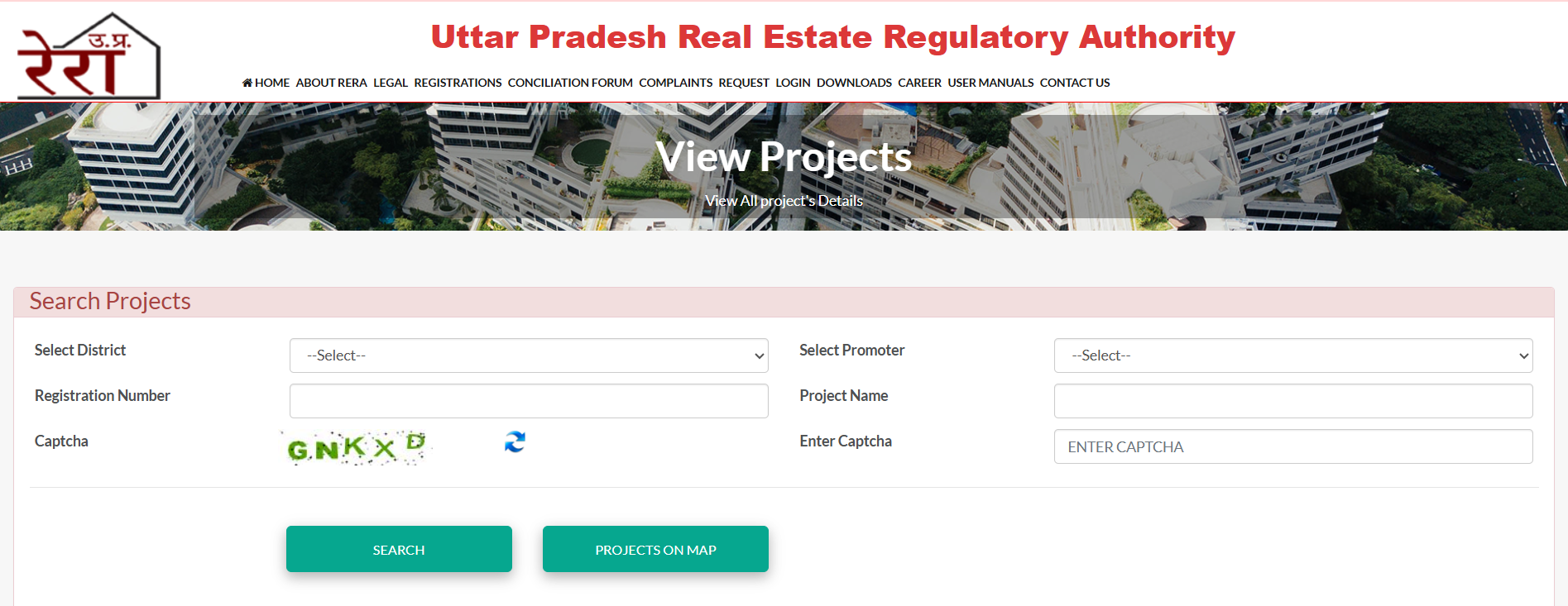 UP RERA View Projects search page for registered real estate projects