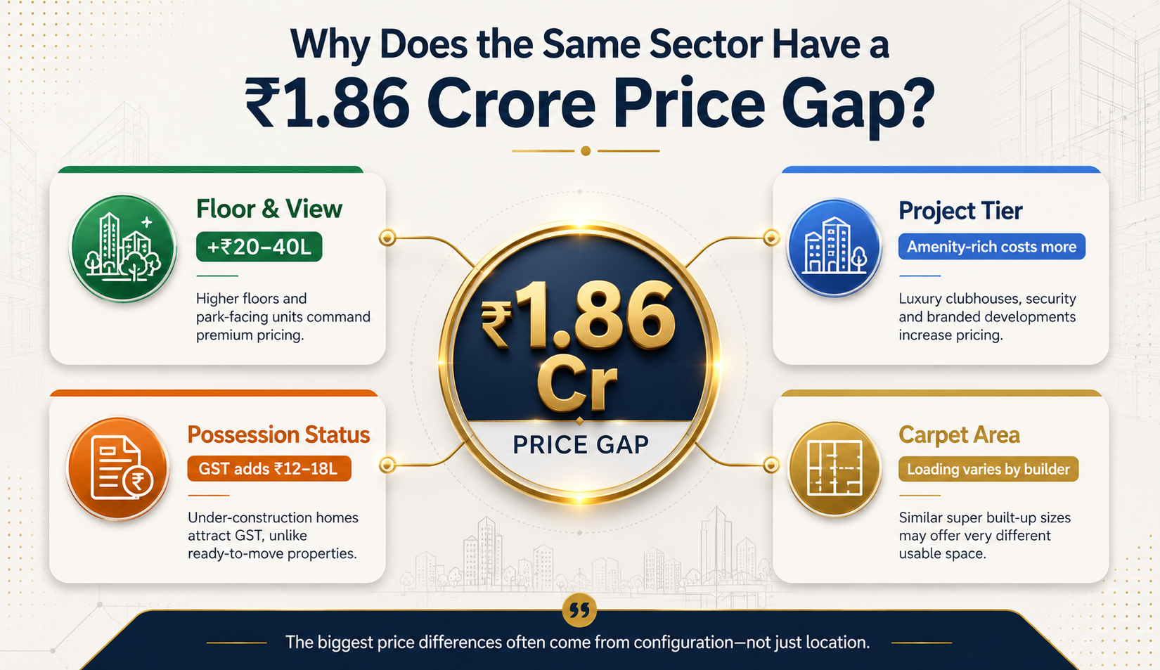 Why 4 BHK Flat Prices Vary in Central Noida — 4 Key Factors Infographic showing 4 factors that explain price differences between 4 BHK flats in the same Central Noida sector — floor, project tier, possession status, and carpet area