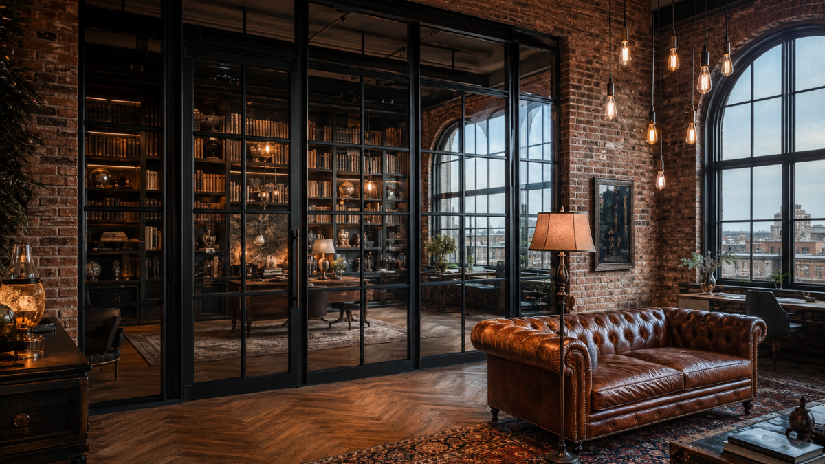Black Steel Frame Design – Industrial Loft Trend Black steel-frame Crittall-style glass partition design in an industrial loft with exposed brick walls, Edison pendant lighting and dark oak bookshelves