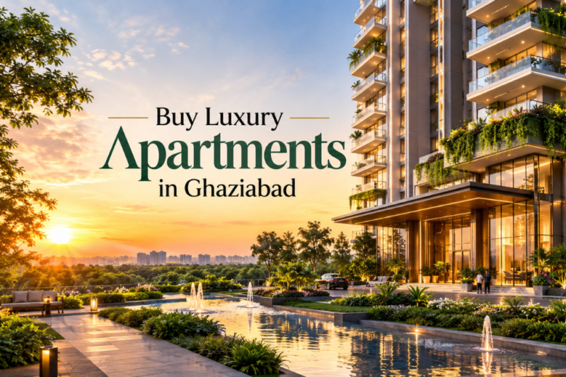 Ultra luxury high-rise apartment exterior showcasing modern 3-side open architecture with expansive balconies, glass railings, and premium landscaping in Ghaziabad.