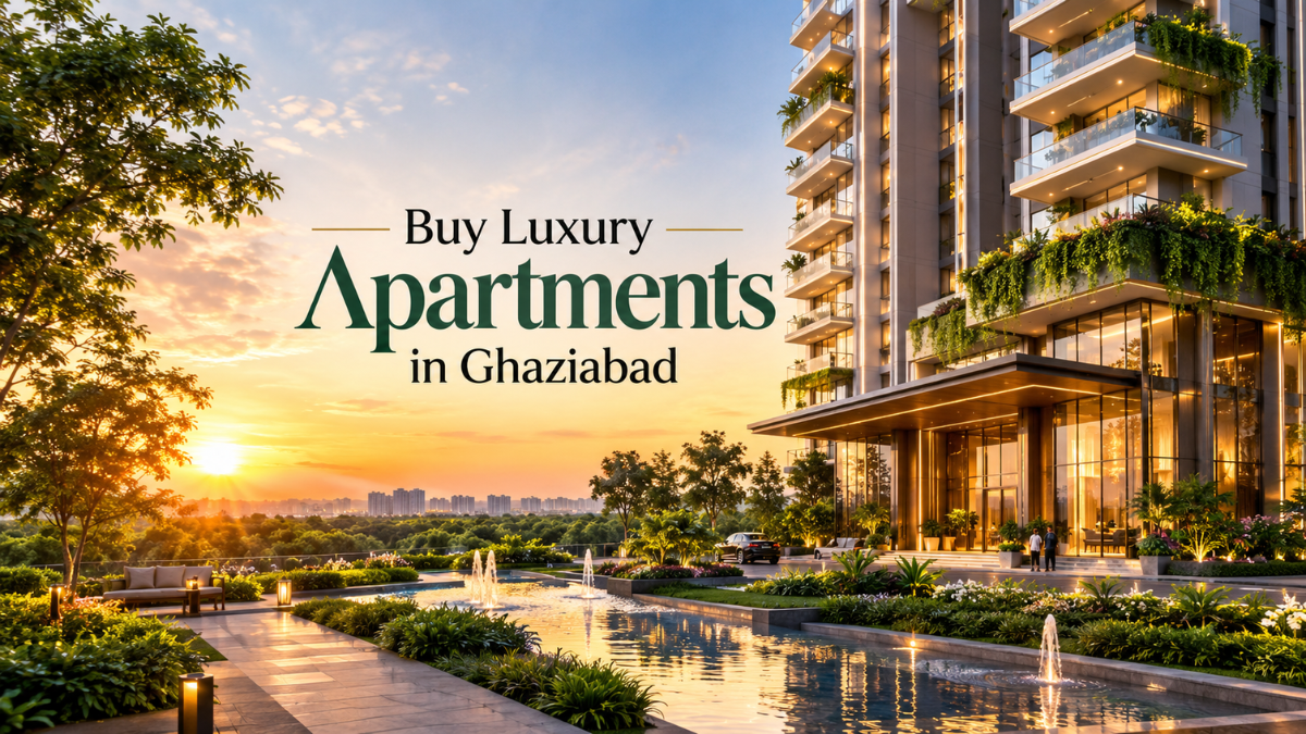 Ultra luxury high-rise apartment exterior showcasing modern 3-side open architecture with expansive balconies, glass railings, and premium landscaping in Ghaziabad.