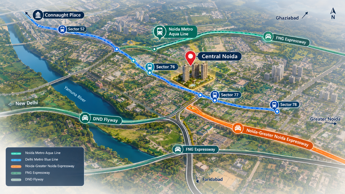 Central Noida metro and road connectivity map showing Sector 76, Aqua Line, DND Flyway and major expressways