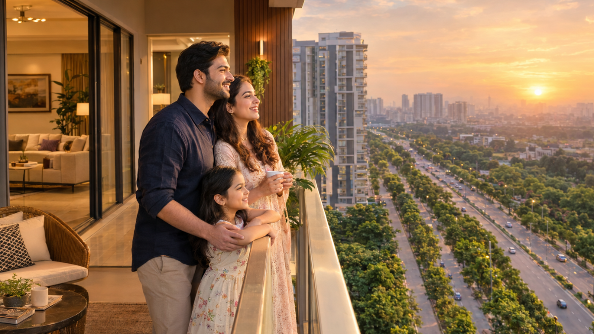 Happy Indian family on balcony of Express Astra apartment in Greater Noida West Sector 1 enjoying their new home under no pre-EMI till possession scheme