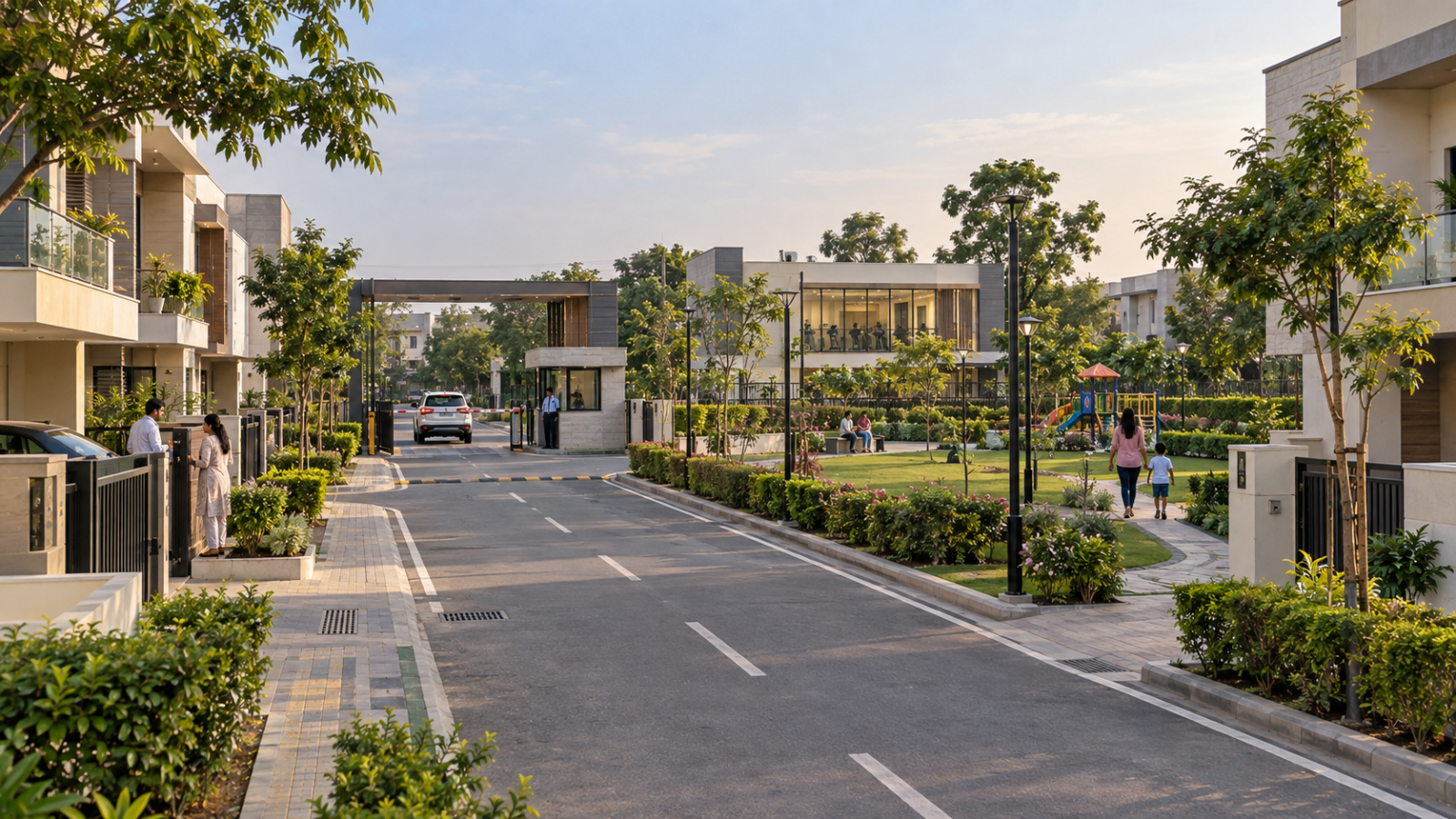 Gated villa community in Sonipat with landscaped roads, security gate, green spaces and clubhouse