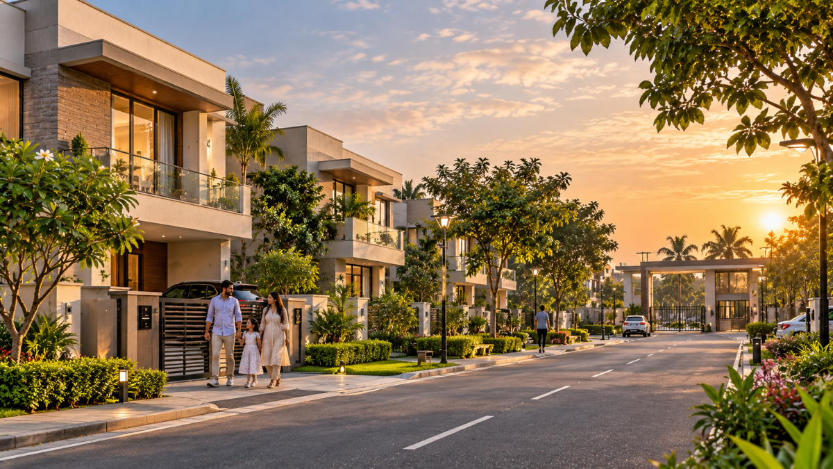 Modern gated villa community with landscaped streets in Sonipat