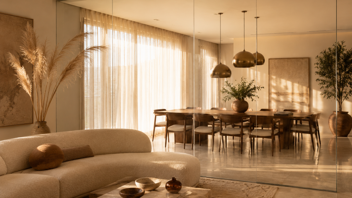 Home Living and Dining Room Divider Glass partition design separating a luxury home living room and dining area with floor-to-ceiling frameless low-iron glass panels and warm golden light