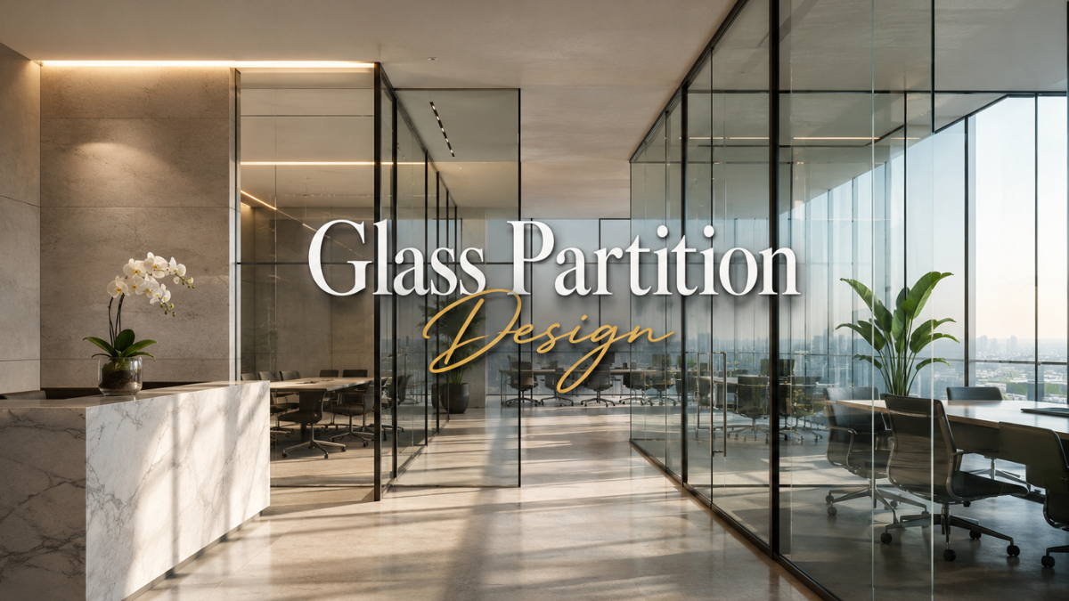 Modern glass partition design in a luxury open-plan office with frameless floor-to-ceiling panels and natural light