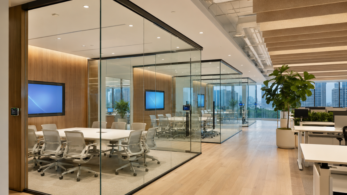 Frameless design in a modern corporate office with glass-enclosed meeting rooms and open-plan collaborative workspace Frameless glass partition design in a modern corporate office with glass-enclosed meeting rooms and open-plan collaborative workspace