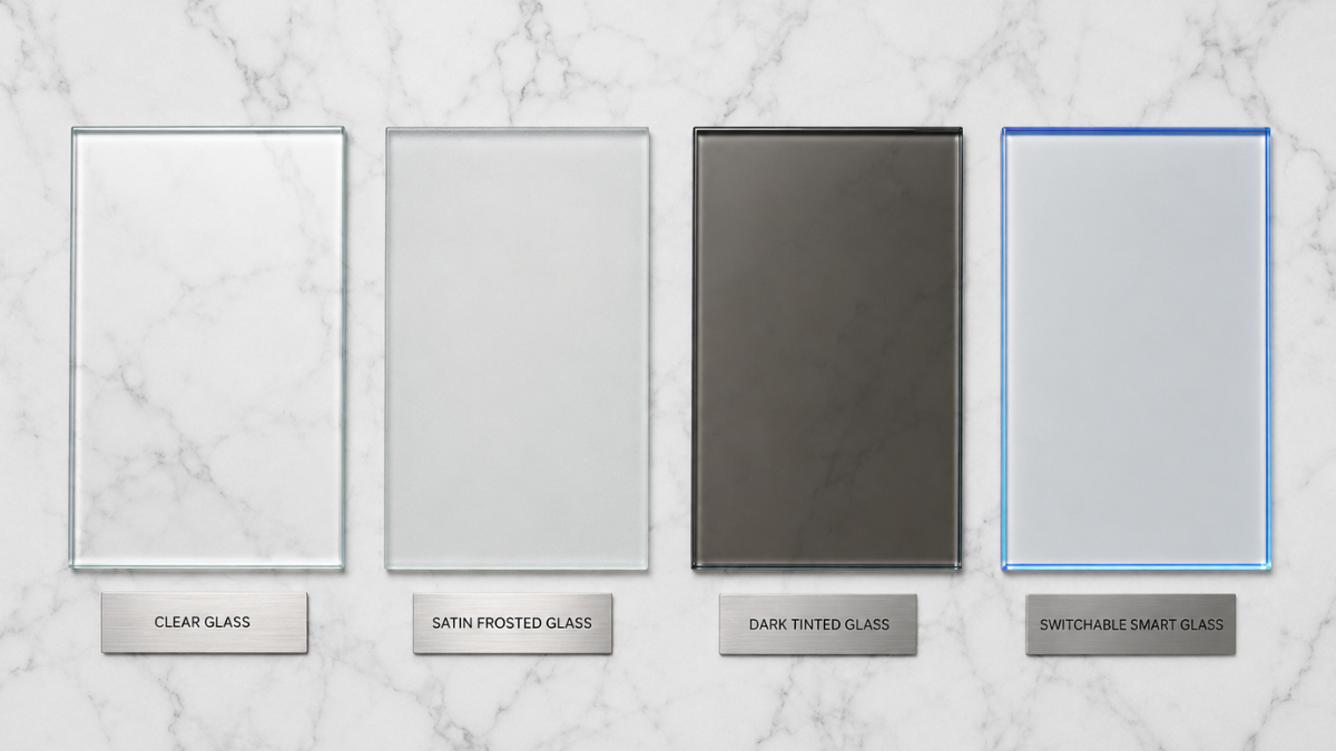 Glass Partition Types – Clear, Frosted, Tinted and Smart Glass Four glass partition types side by side — clear, frosted, tinted and smart switchable glass panels for interior design comparison