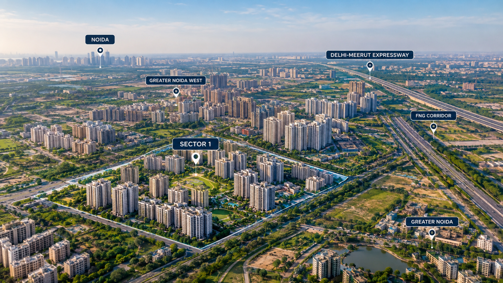 Aerial view of Sector 1 Greater Noida West and its major connectivity routes
