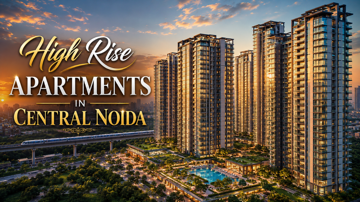 Luxury high rise apartments in Central Noida with landscaped gardens and metro connectivity at golden hour