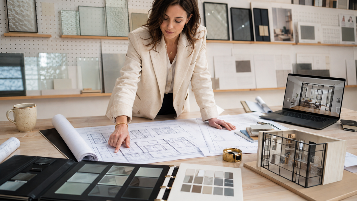 Professional planning is the foundation of every successful glass partition design project — from selecting the right glass type and frame finish to mapping structural anchor points, sight lines, and acoustic requirements with your designer. Interior designer reviewing glass partition design blueprints and glass type sample swatches on a studio worktable during a planning consultation