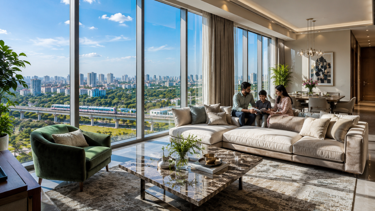 Spacious high rise apartment interior in Noida with panoramic city view and modern living room