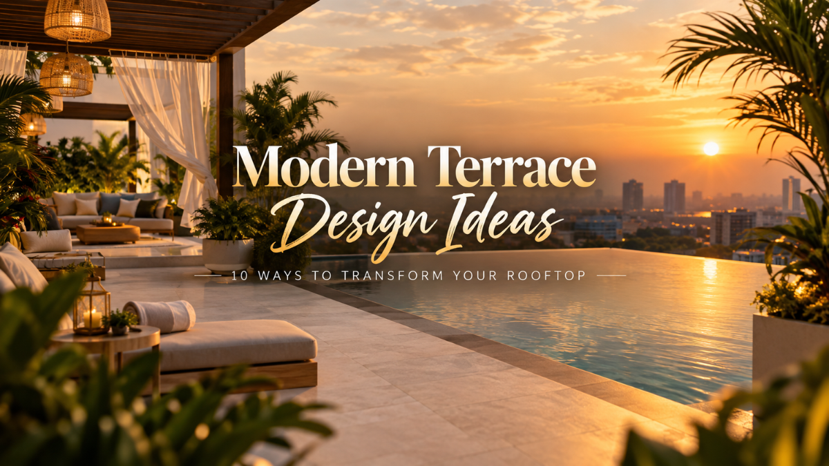 Modern terrace design ideas featuring a luxury rooftop with pergola, outdoor seating area, and terrace garden" — tells Google what the image shows, helps rank in Google Images, and supports accessibility for screen readers.