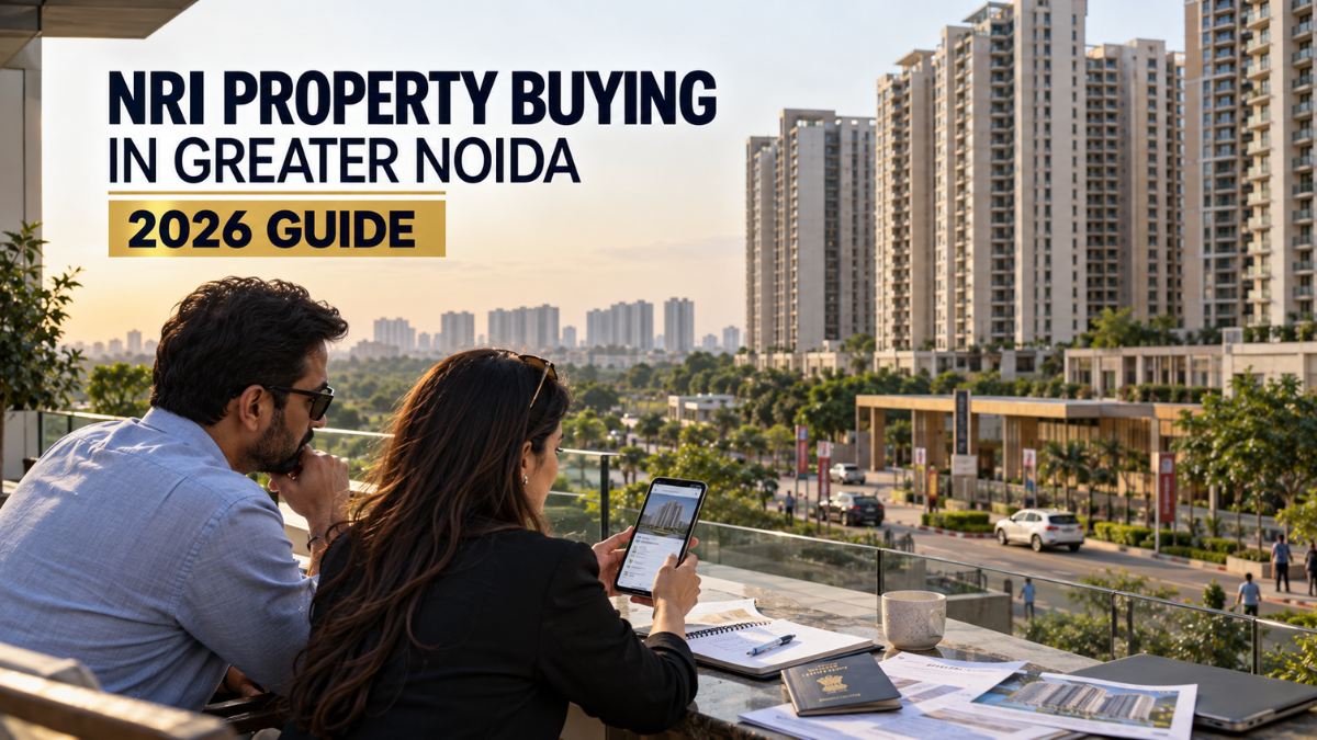 NRI couple reviewing property documents while viewing a residential development in Greater Noida