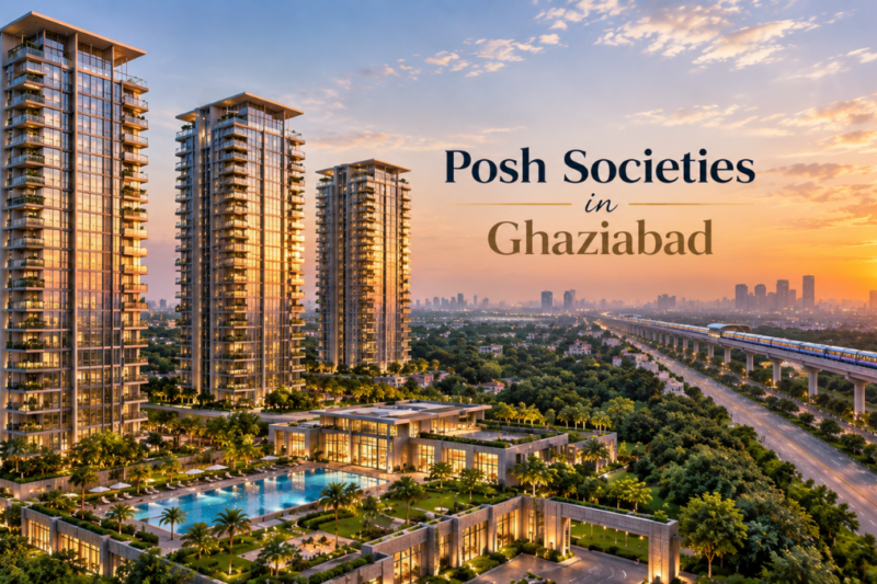 Ultra-luxury high-rise residential towers at dusk in Sector 14, Vasundhara, Ghaziabad, featuring resort-style amenities, infinity pool, and panoramic views of the Delhi-NCR skyline.