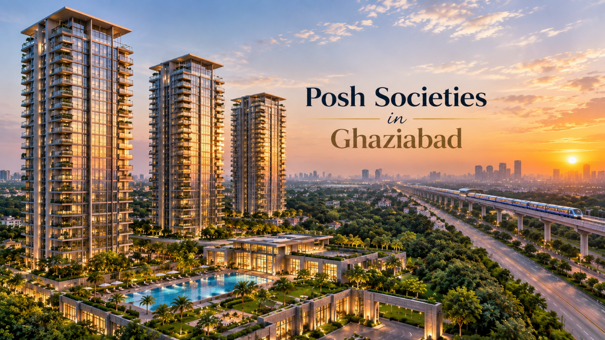 Ultra-luxury high-rise residential towers at dusk in Sector 14, Vasundhara, Ghaziabad, featuring resort-style amenities, infinity pool, and panoramic views of the Delhi-NCR skyline.