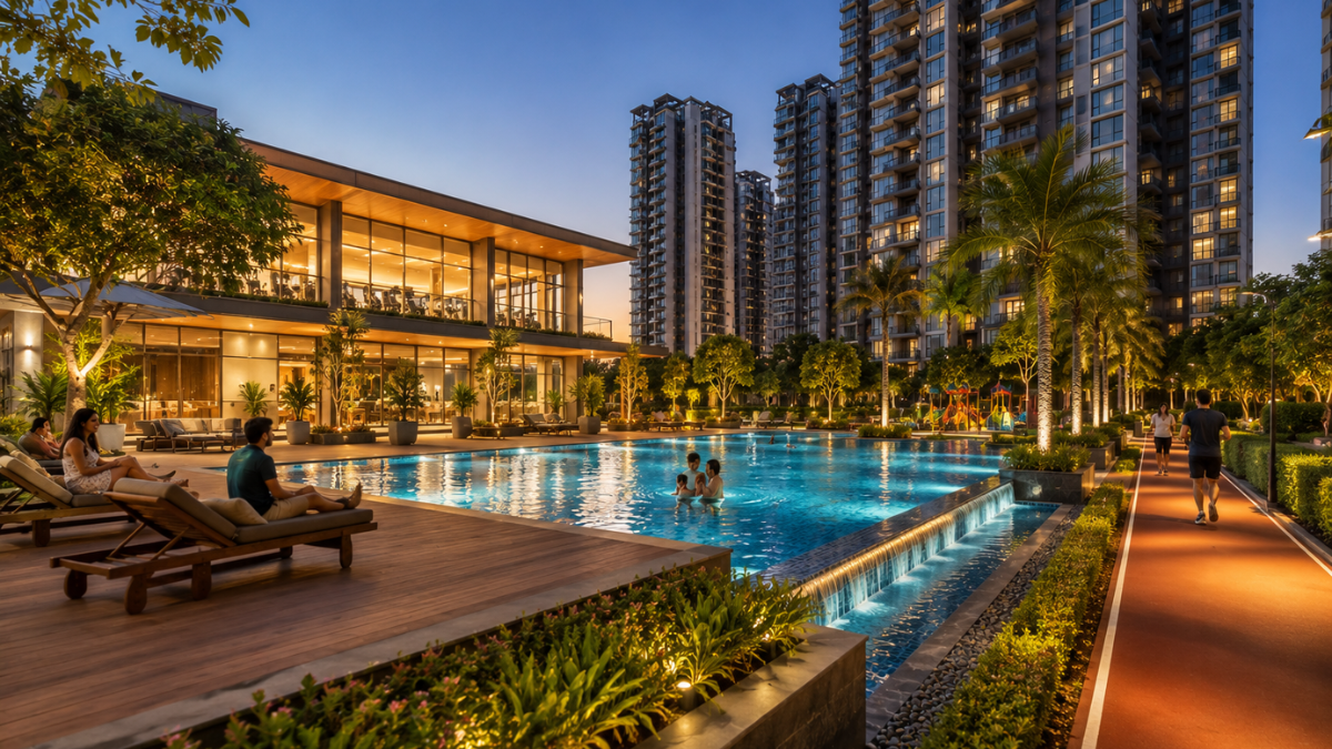 Premium residential society swimming pool and amenity deck in high rise apartments Noida Sector 77