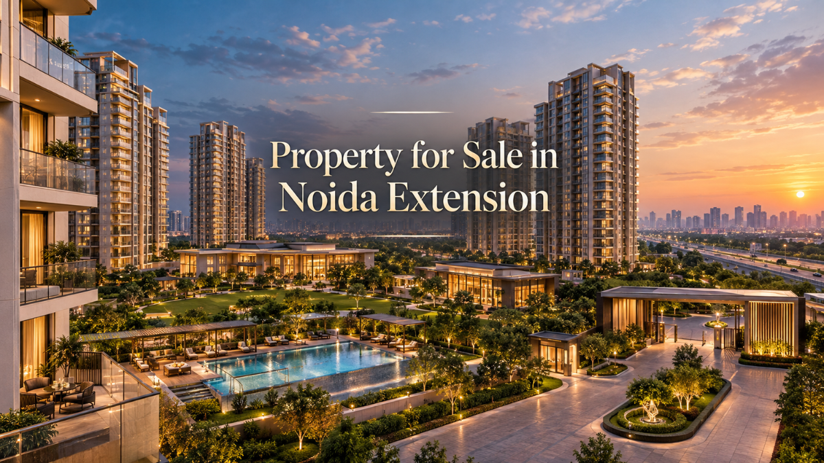 Property for Sale in Noida Extension featuring luxury high-rise apartments, landscaped gardens, swimming pool and modern residential infrastructure