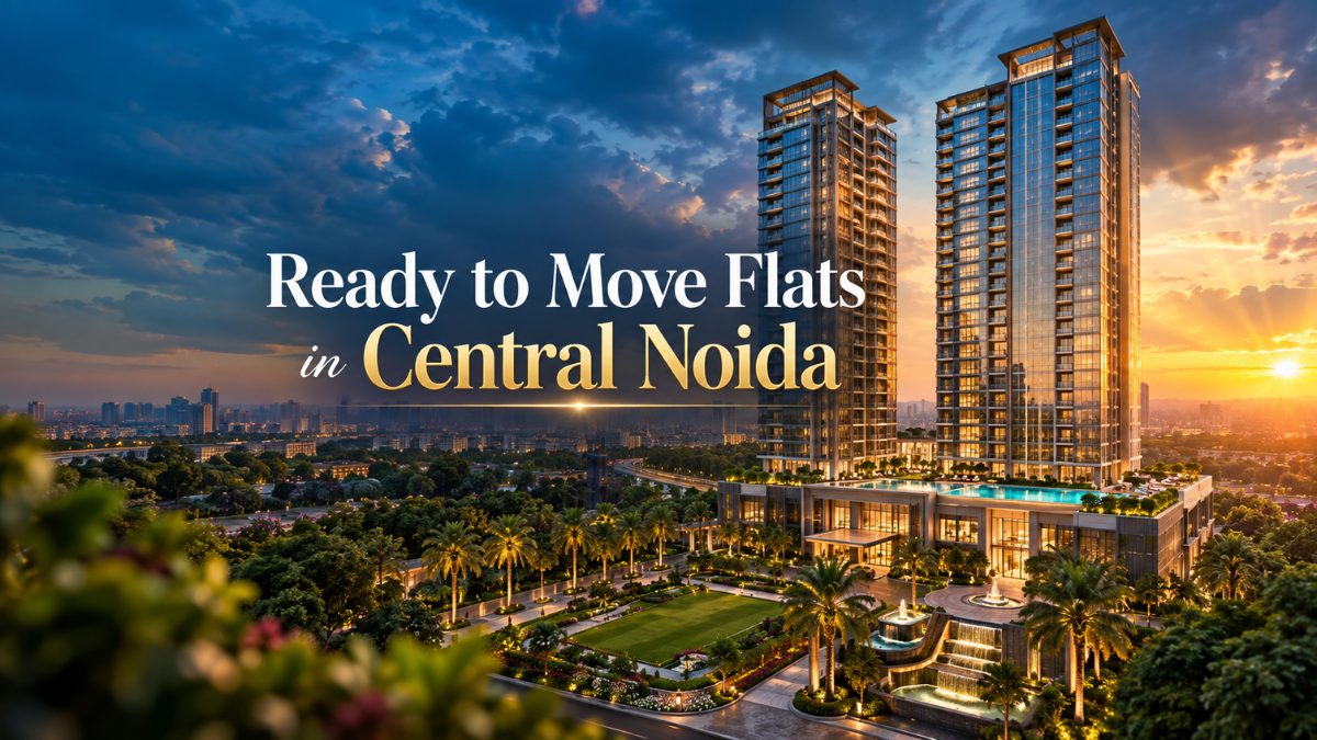Ultra-luxury twin high-rise residential towers in Central Noida at golden hour with illuminated glass facades, rooftop infinity pool terrace, manicured palm-lined driveway, and lush landscaped gardens