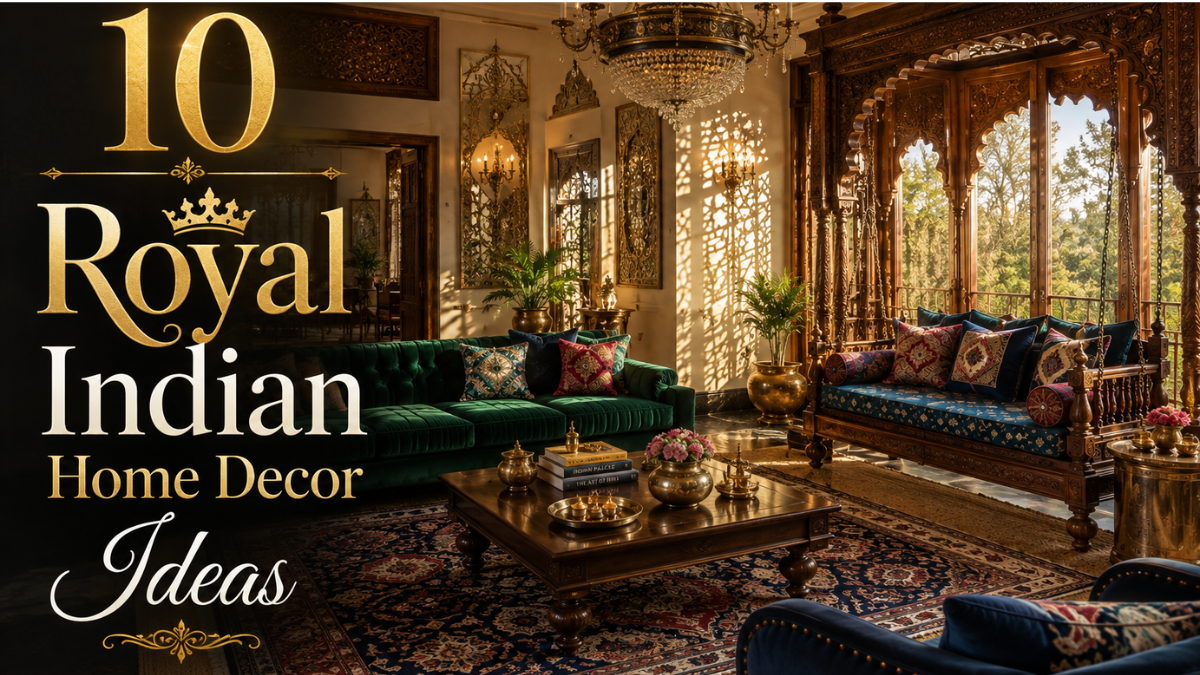 Royal Indian home decor with jharokha, traditional jhula, jaali partition and jewel-tone furnishings